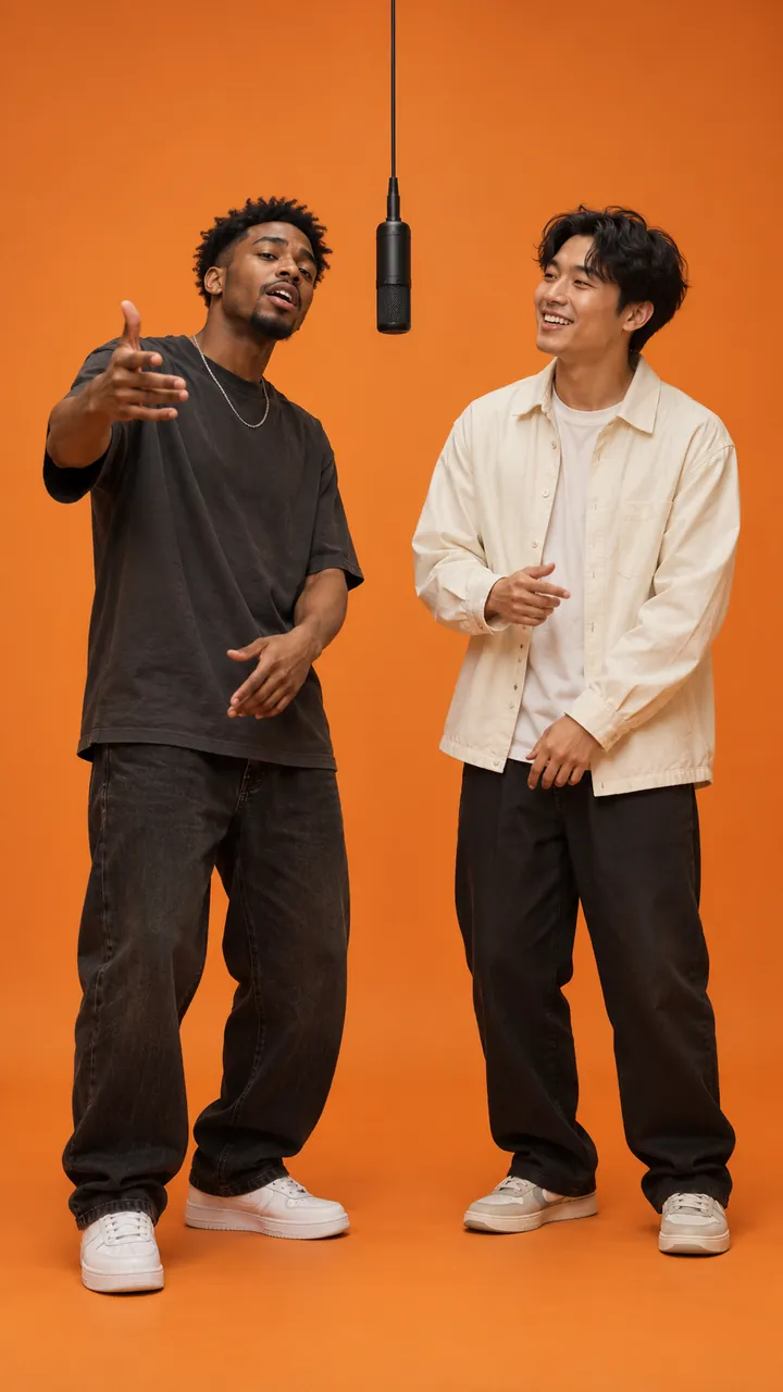 AI rap duo video still of two best friends rapping in an orange studio booth