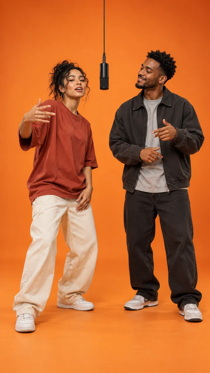 AI rap duo video still of a couple rapping together in an orange booth
