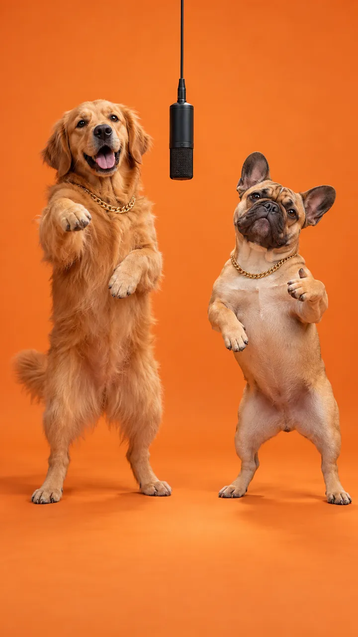AI rap video of two dogs rapping at a hanging microphone in an orange booth