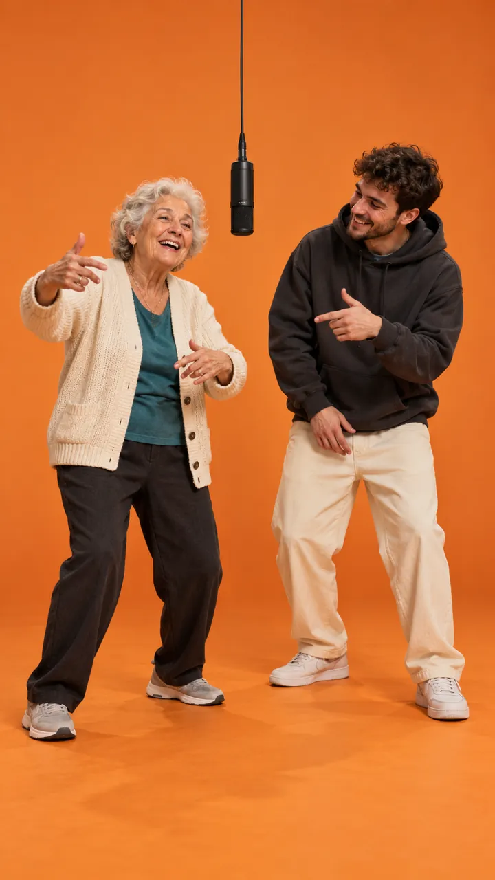 AI rap duo video of a grandmother and her adult grandson rapping in an orange studio