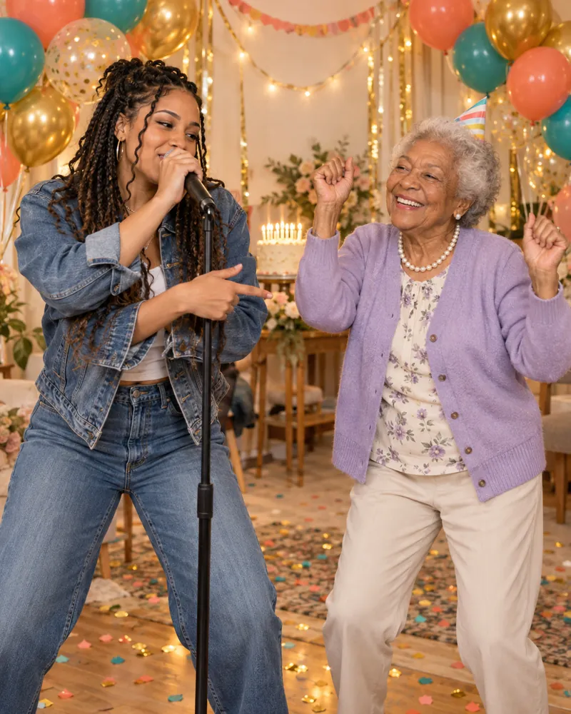 Adult granddaughter rapping with her grandmother at a balloon-filled birthday party