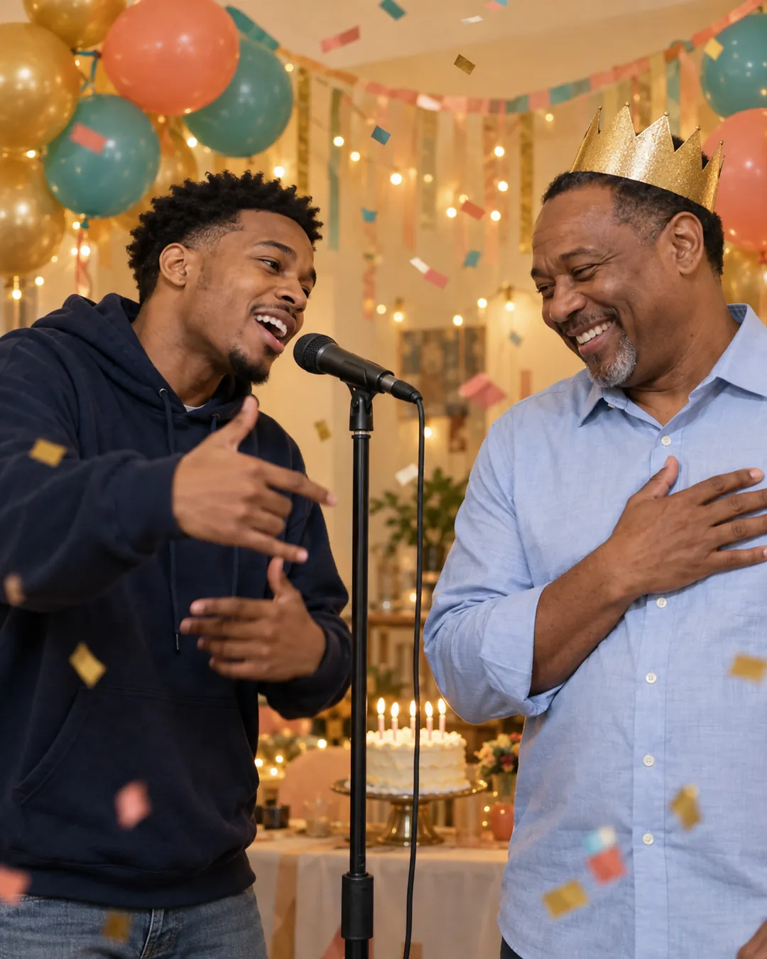 Adult son performing a birthday rap for his father wearing a gold party crown