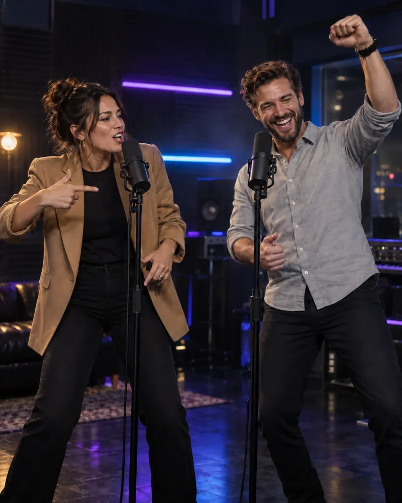 Coworkers celebrating a promotion with a rap in a purple and blue neon studio