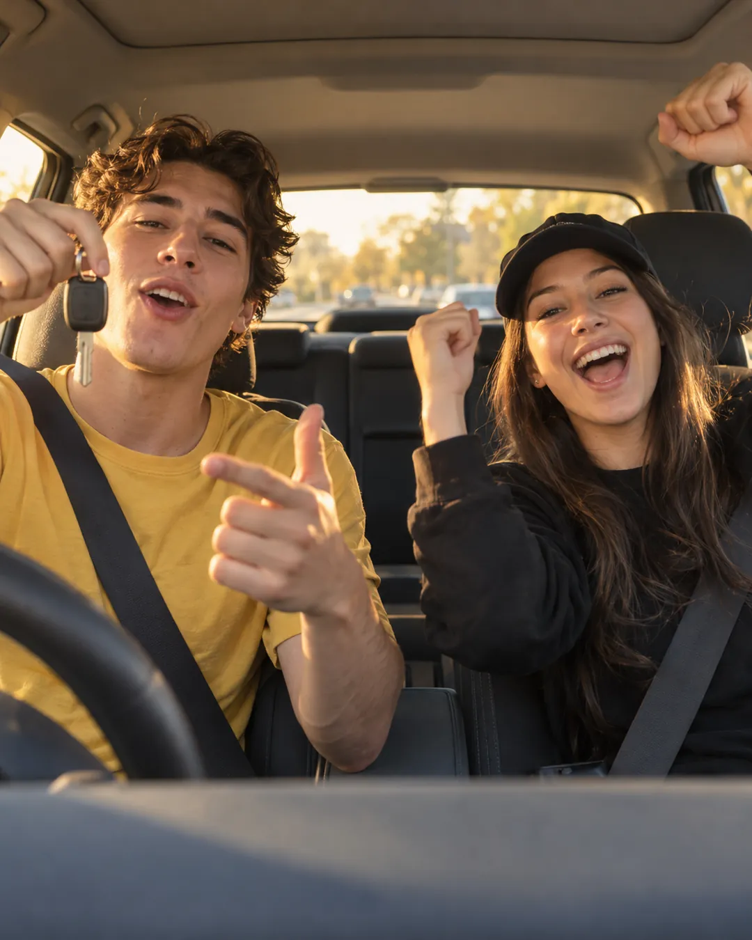 New driver holding car keys and celebrating with a friend in a parked car