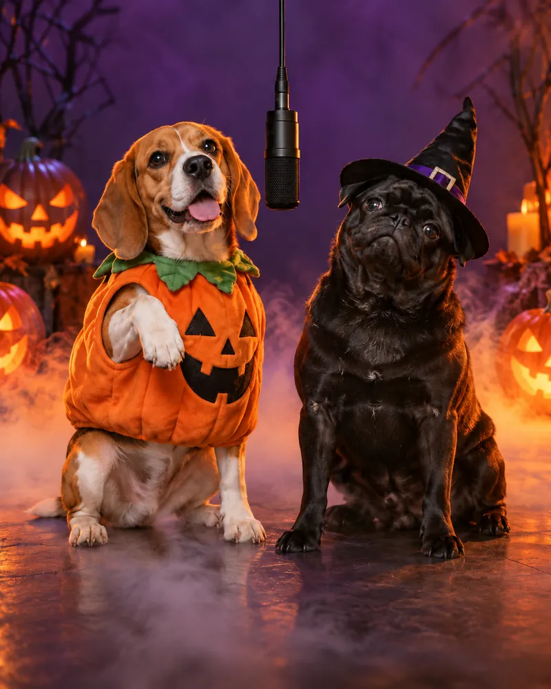 Beagle in a pumpkin costume and pug in a witch hat on a Halloween rap stage