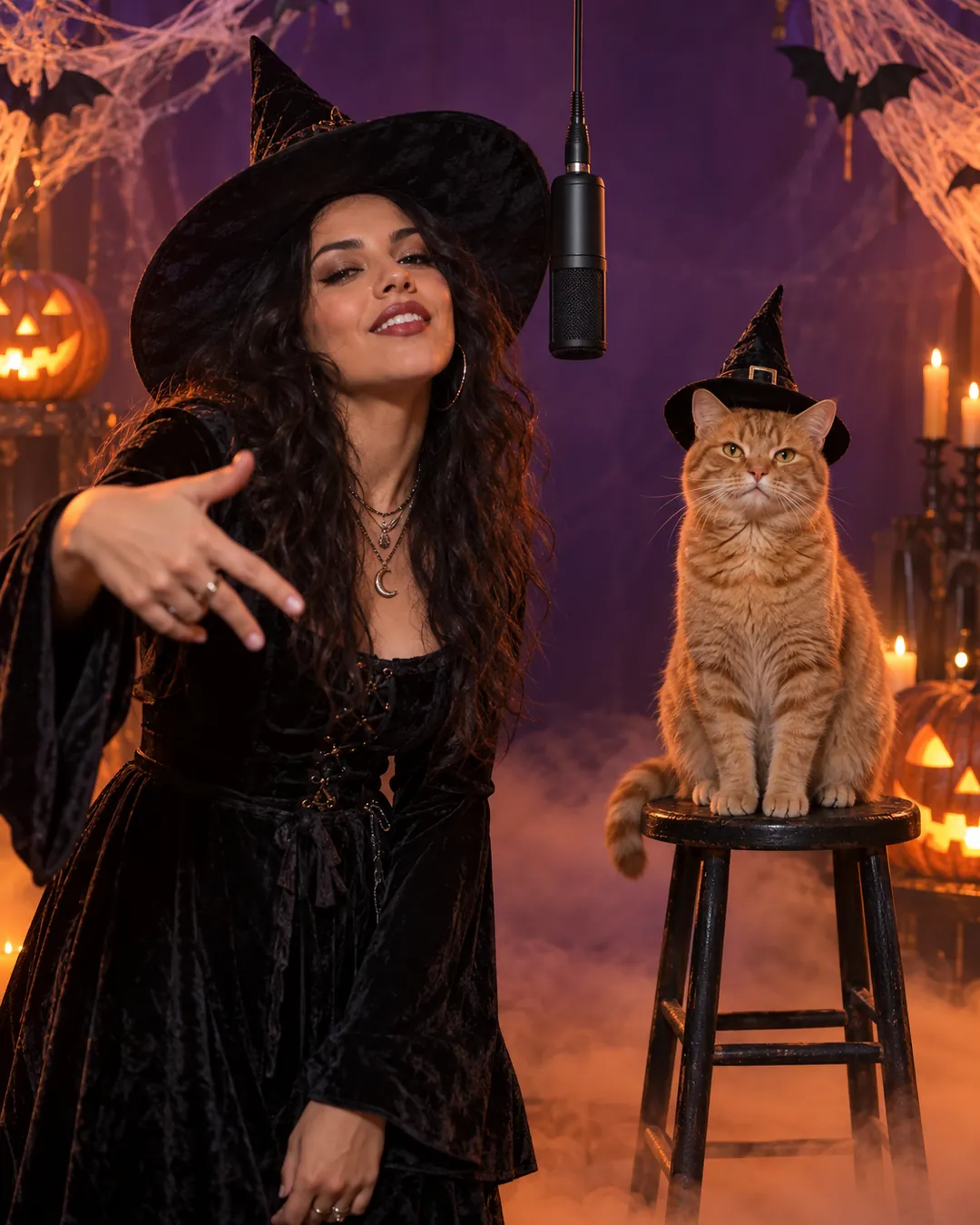 Woman in a witch costume rapping beside a ginger cat in a witch hat