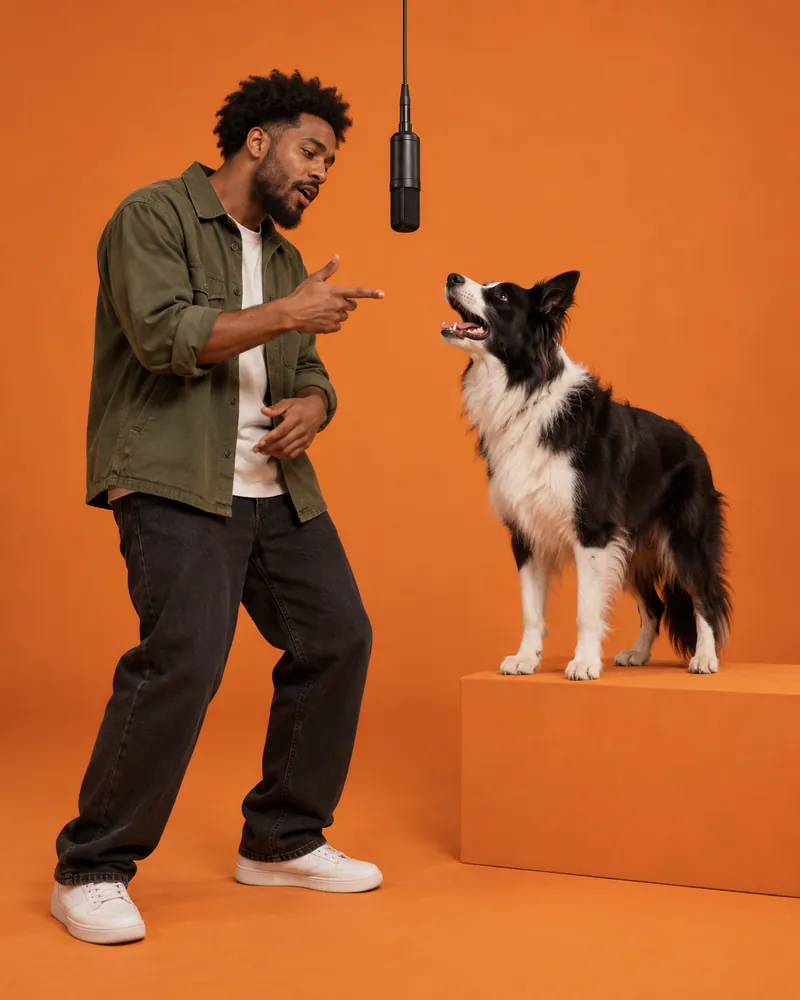 Man rapping with his border collie on an orange studio platform