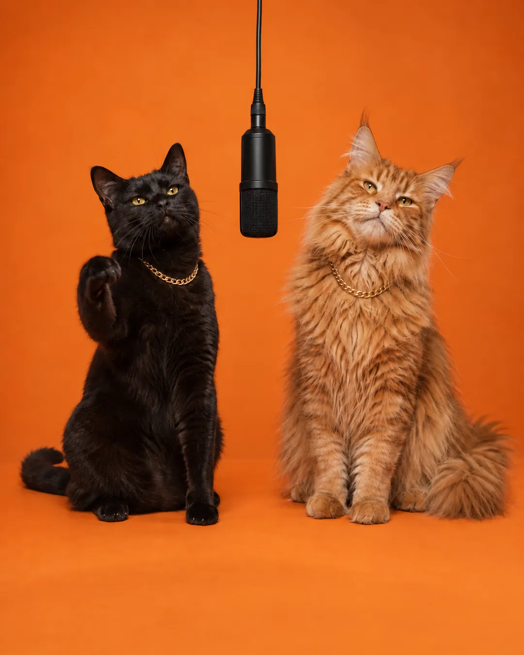 Black cat and orange Maine Coon wearing gold chains beside a hanging microphone